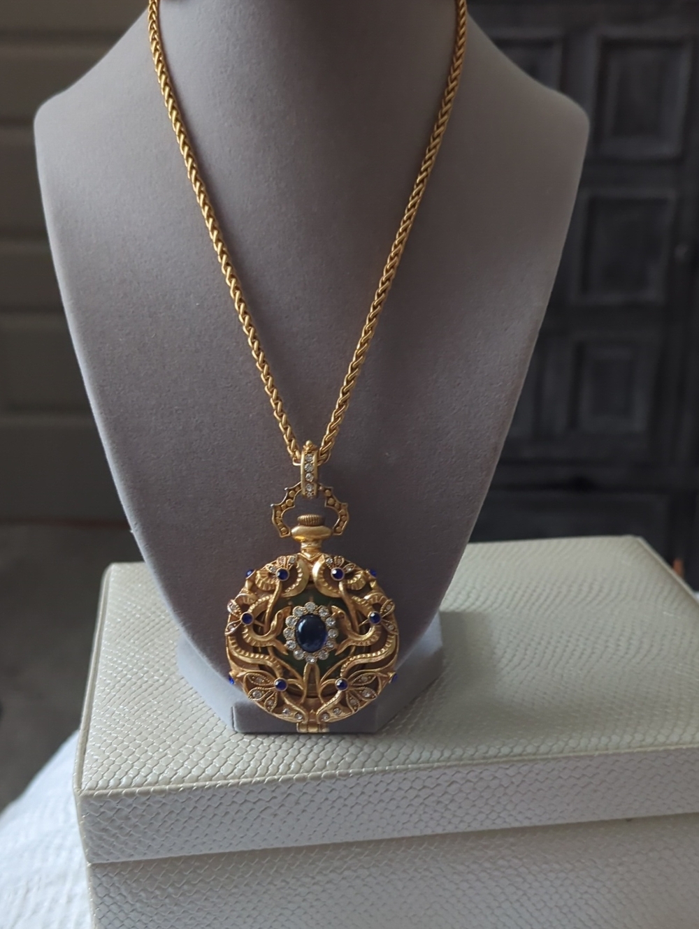 Gold-Tone Filigree Pendant Necklace with Blue Gemstone And Watch Inside And Pin